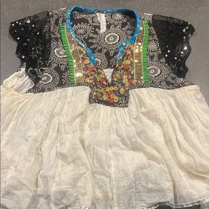 Free People Black and White Top with Blue Trim and sequence sleeves